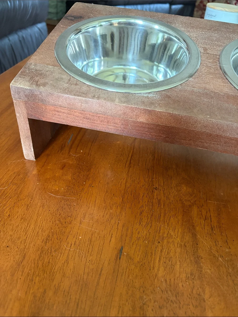 Double Stainless Steel Paw Bowls in Wooden Stand - Silver and Brown